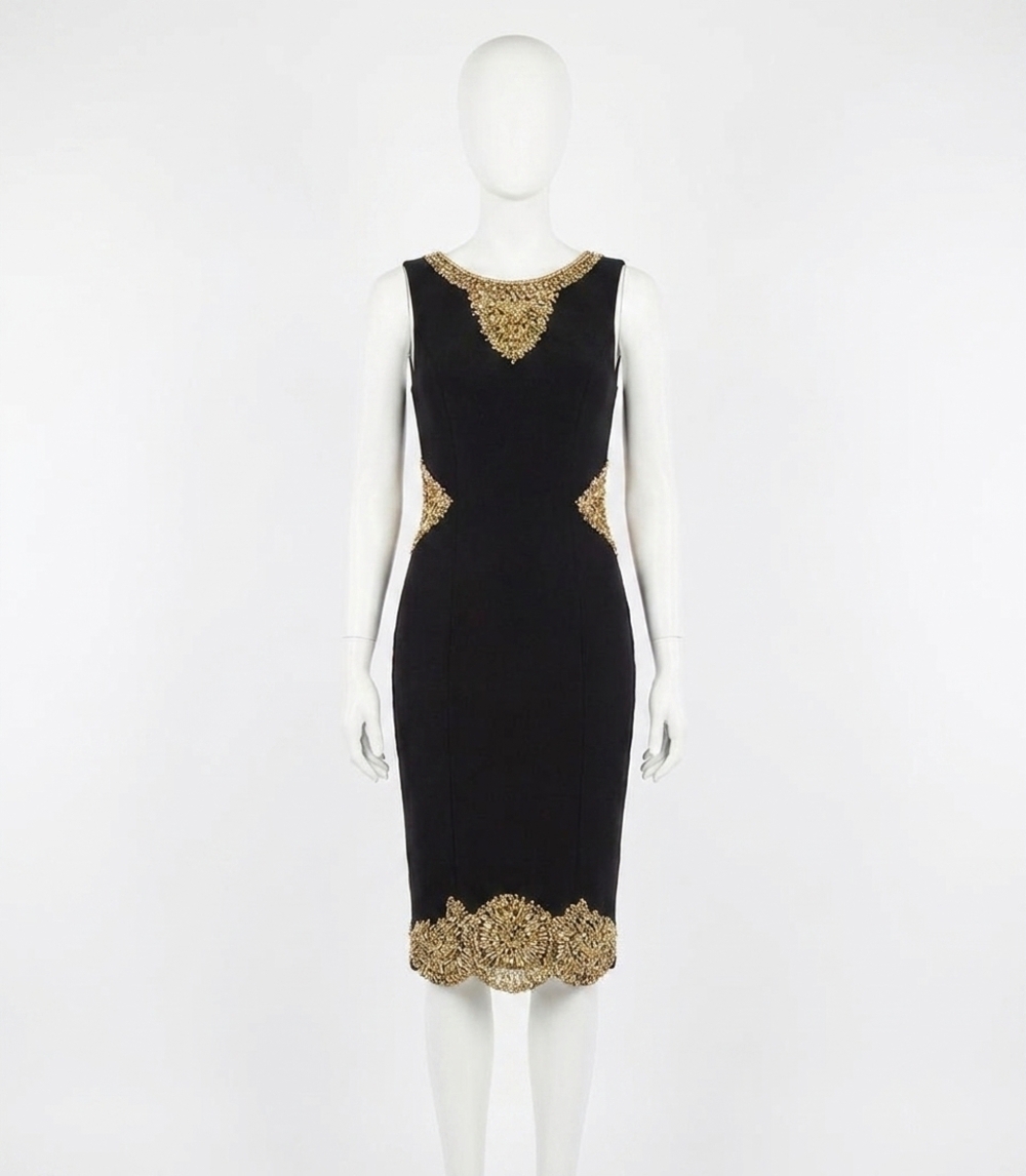 NEW RACHEL ALLAN beaded jersey cocktail dress in black/gold